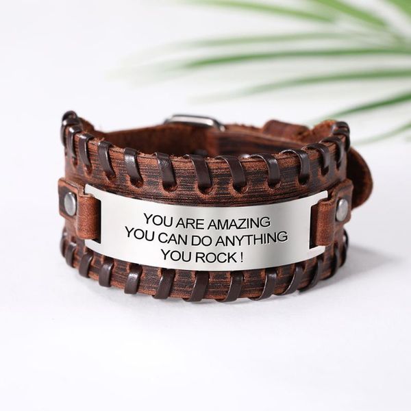 

My Shape Engraved Word You are Amazing You Can Do Anything Rock Men Punk Jewelry Genuine Leather Bracelet for Men Gift