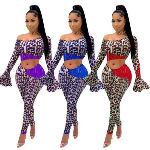 

43m6329 autumn winter women skinny leopard patchwork two piece set and pants tracksuit sweatsuit outfits 2020, Gray