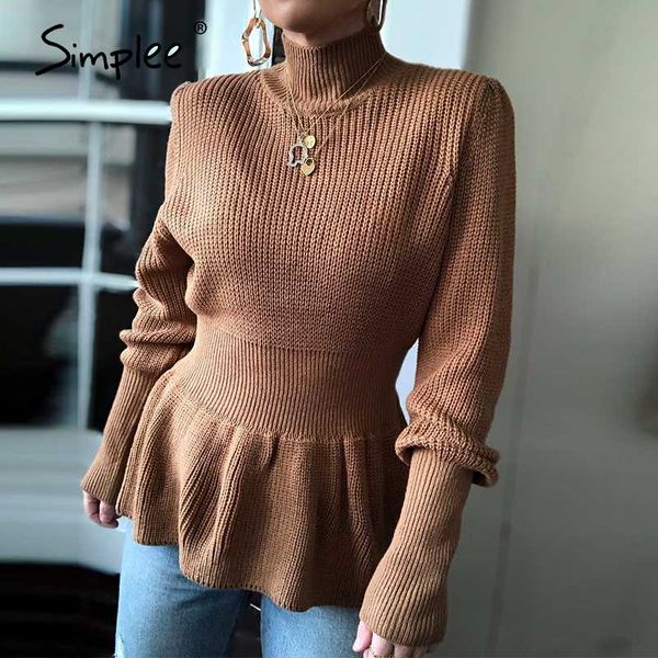 

simplee fashion high collar women's sweater waist closed lantern sleeve brown women's pullover high street casual sweater 2020, White;black
