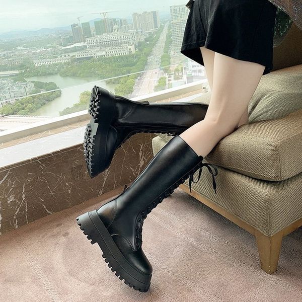 

fashion women cross strap pu leather boots autumn winter knee high boots ladies thick sole platform botas mujer dropshipping, Black