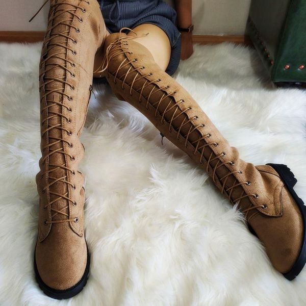 

gigifox 2020 big size 43 cross-tied shoelaces autumn winter leisure comfortable women shoes over the knee riding boots female, Black
