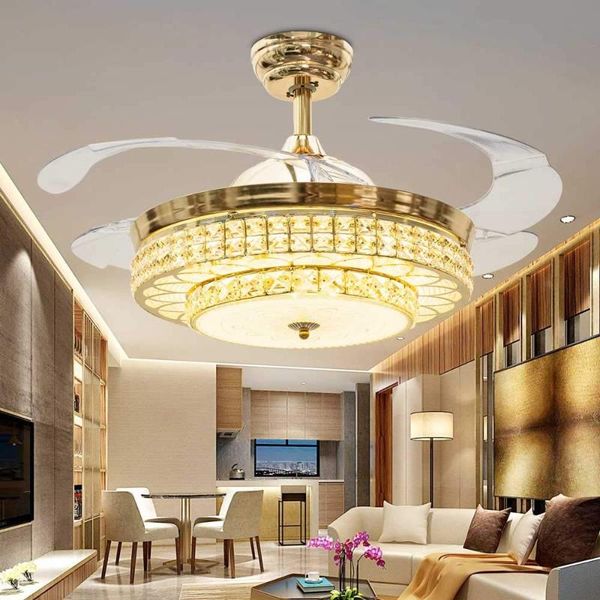 

42" invisible european crystal ceiling fans with led light and remote, indoor ceiling light with 4 retractable abs blades fans