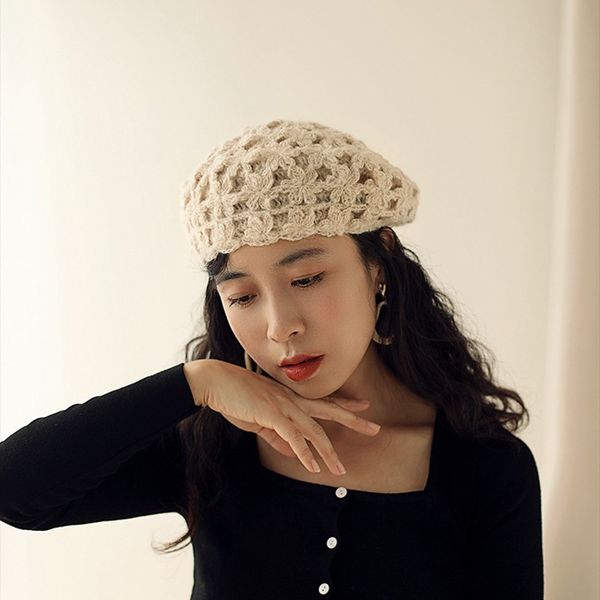 

202008-jinyu26 hand woven hollow flowers grace lady beret hat women leisure painter hat, Blue;gray