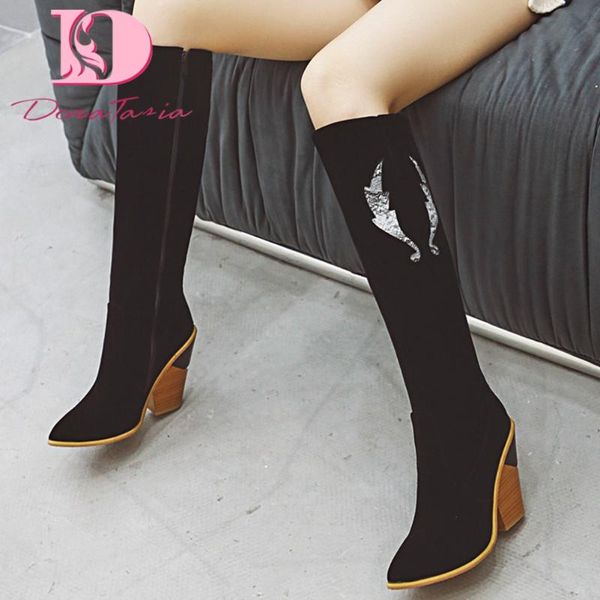 

boots doratasia fashion female knee high pointed toe spike heels zip women 2021 concise elegant shoes woman, Black