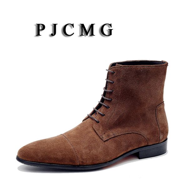 

pjcmg men boots lace-up ankle waterproof rubber casual genuine nubuck leather boots for wedding business, Black