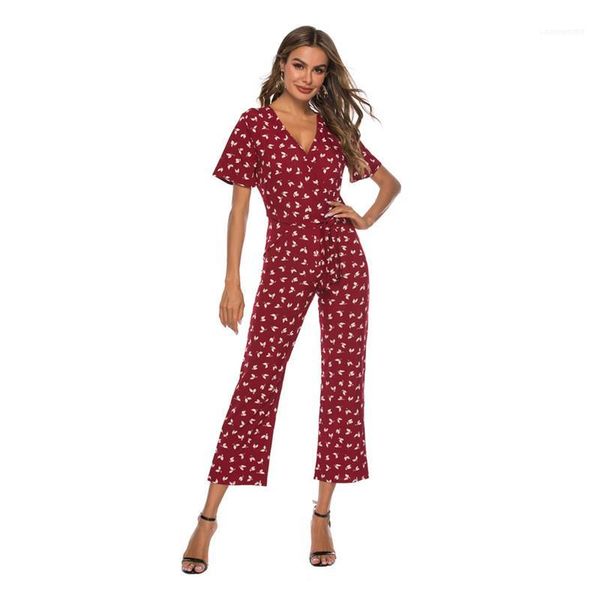 

printed shorts sleeve summer one piece suits v neck jumpsuits womens designer jumpsuits fashion flora, Black;white