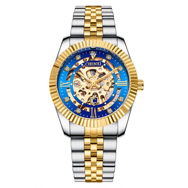

CHENXI Wristwatch Luminous Pointer Gold Skeleton Hollowout Clock Business Watch for Men Gold Bezel Analog Dial Folding Buckle