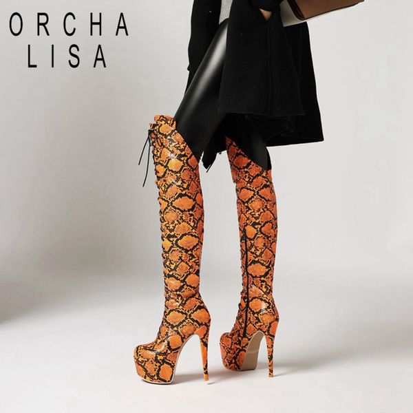 

orchalisa winter over-the-knee boots round toe 14cm thin heels 5cm high platform lace-up serpentine big size 34-48 party c2047, Black