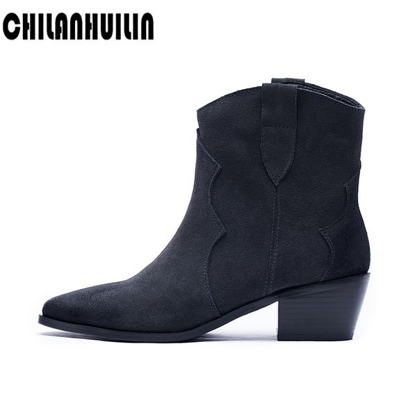 

women pointed toe thick high heels ankle boots for women new fashion retro suede leather shoes woman stiletto botines mujer, Black