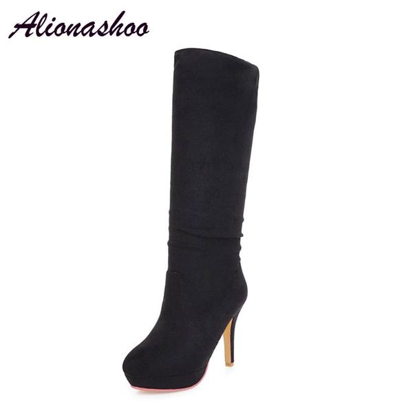 

alionashoo 2020 autumn winter knee high boots flock warm thigh high women boot pu leather long boots woman large size 34-43, Black