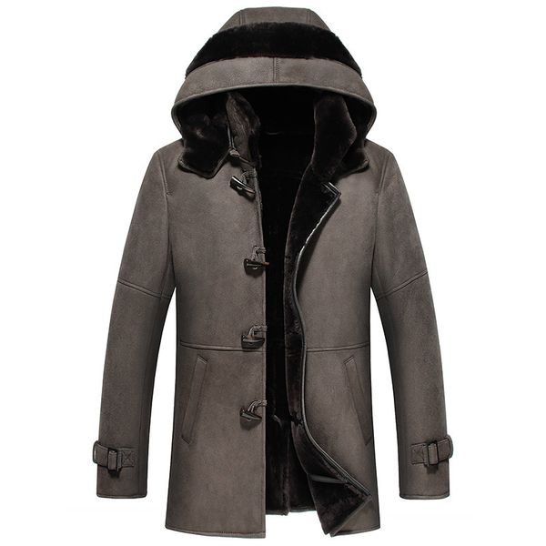 

natural sheep shearling jacket winter genuine leather jacket men hooded long sheepskin coat real fur jackets 2020 4959 kj3642, Black