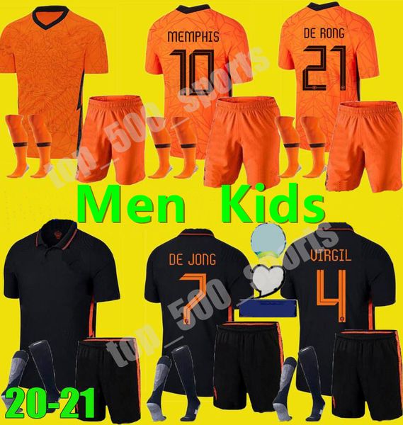 

men kids 20 21 netherlands soccer jerseys de jong wijnaldum holland virgil football kits shirt 2020 2021 strootman memphis boys set uniforms, Black