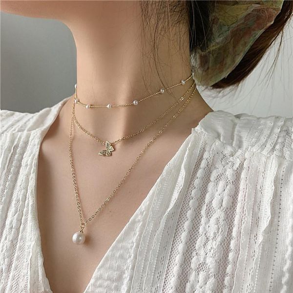 

pendant necklaces korean 2021 arrive cute zircon butterfly choker pearl necklace for women multi layer short collares jewelry kolye, Silver
