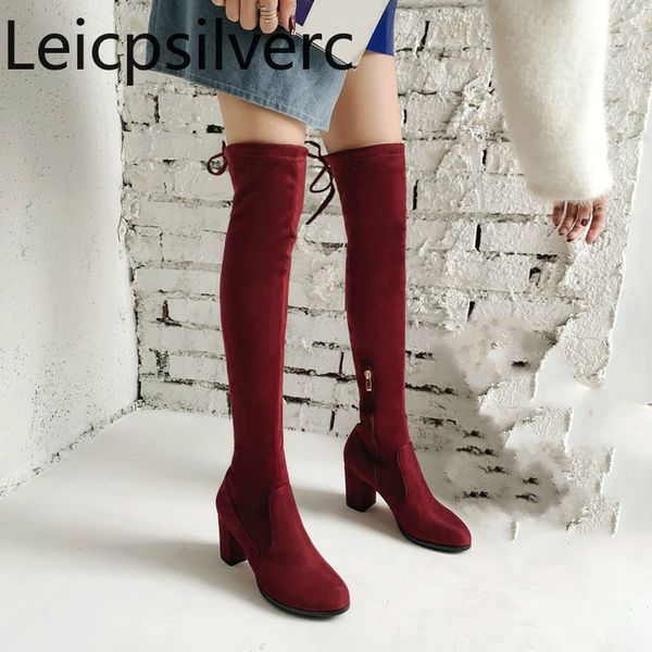 

boots women's autumn and winter the round head zipper color matching high heel over knee plus size 32-43, Black