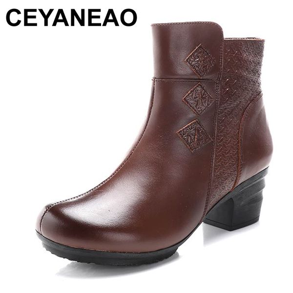 

ceyaneao women genuine leather pattern ankle boots shoes cuff thick heel women boots autumn winter fashion shoes 2020mujer, Black