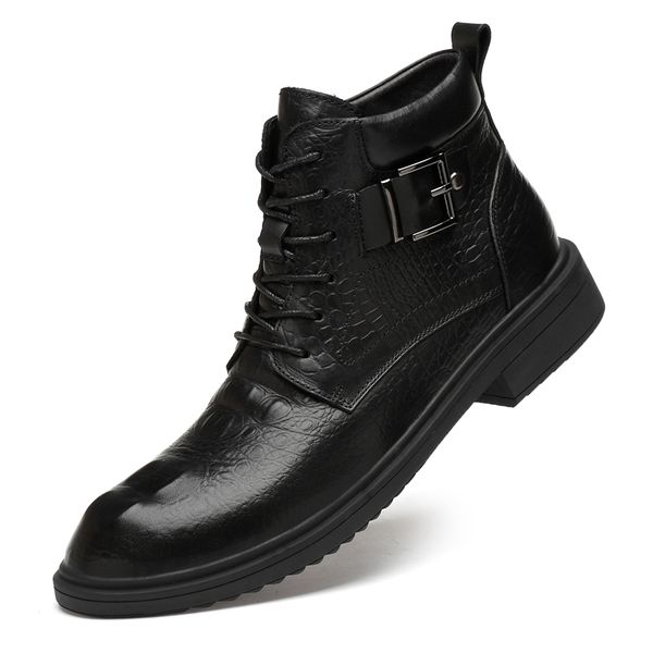 

british fashion men large size genuine leather boots alligator grain pointed toe shoes party nightclub ankle boot bota masculina, Black
