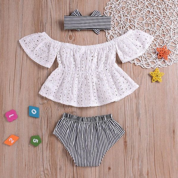 

3pcs/set hollow design pullover striped baby girl outfits set off-shoulder t-shirt+striped pp shorts+headband infant clothes, White