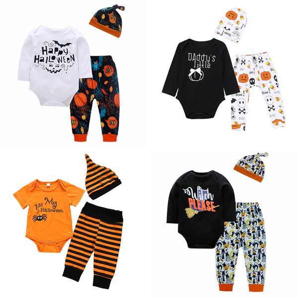 

newborn baby cartoon outfits 9 colors boys halloween clothes sets long sleeve letter infant romper striped pumpkin pants with hat 060911, White