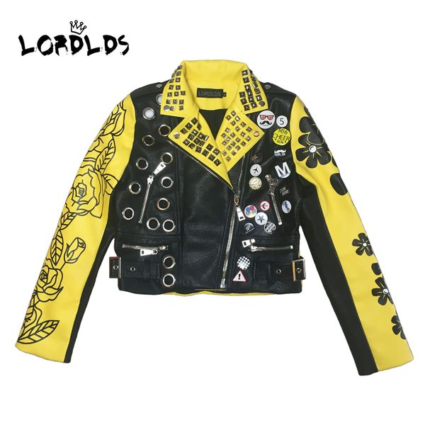 

lordlds women leather jacket yellow short crop jackets and coats punk motorcycle streetwear woman autumn clothes 2019, Black