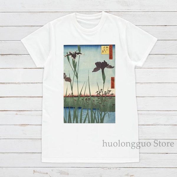 

japanese ukiyo-e tshirt woodblock art hiroshige iris garden flowers print japan kanji calligraphy gifts womens mens graphic