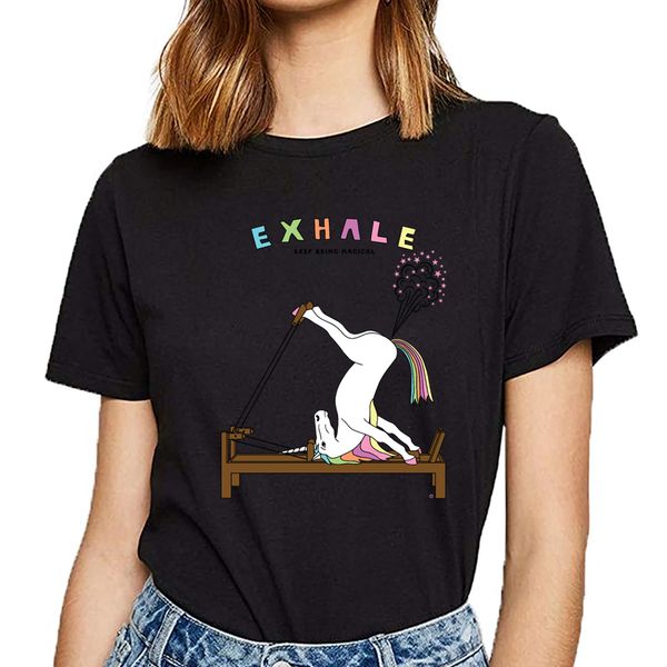 

t shirt women pilates unicorn exhale outline o-neck vintage custom female tshirt