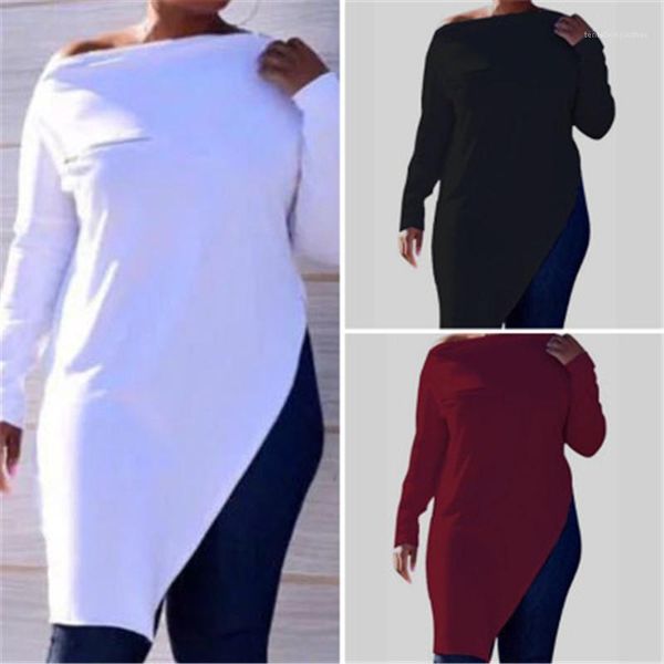 

summer fashion round neck irregular hem tee clothing designer female solid color tee tshirt women casual long sleeve t-shirt spring, White