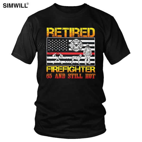 

vintage retired firefighter 65th birthday thin red line flag t shirt men fire rescuer hero t-shirt short sleeved cotton tee gift