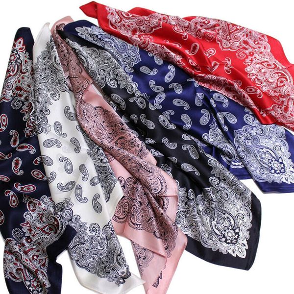 

100% mulberry silk small scarf women fashion shiny bandana paisley print neckerchief hairband for girls gift 53x53cm / 20.8 inch, Blue;gray