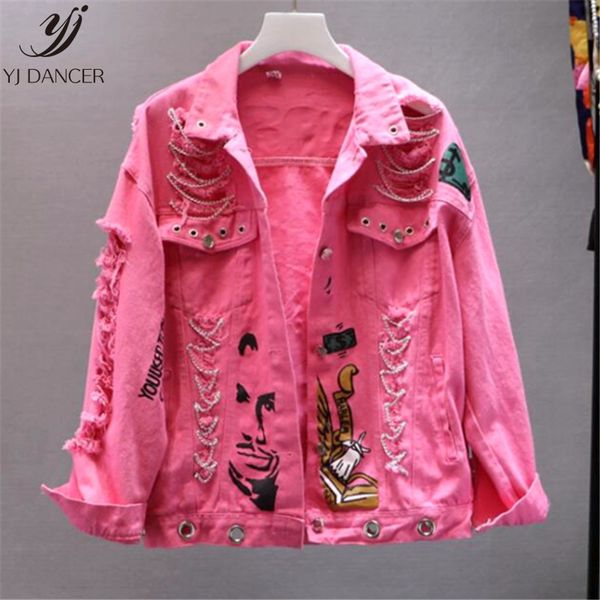 

denim jacket female 2020 spring and autumn new hole chain wash water denim letter graffiti printing personality coat h00811, Black;brown