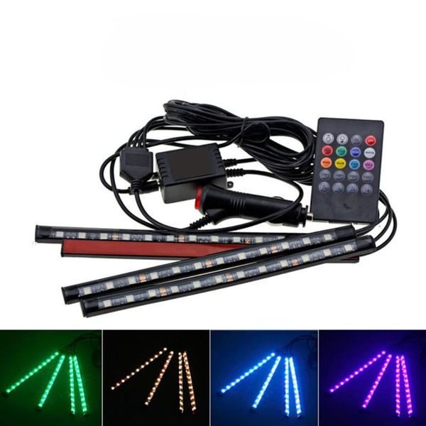 

4шт 12v led интерьер автомобиля пола декоративные полосы света 12 smd дистанционного управления музыка красочные rgb led auto атмосфера ламп