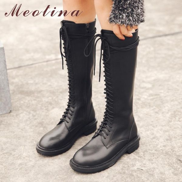 

boots meotina winter knee high women natural genuine leather thick heels long zipper round toe shoes female autumn size 39, Black
