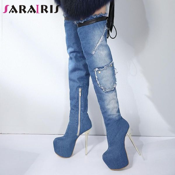 

sarairis new female 2020 novelty boots over the knee boots women platform thin high heels denim thigh high shoes woman, Black