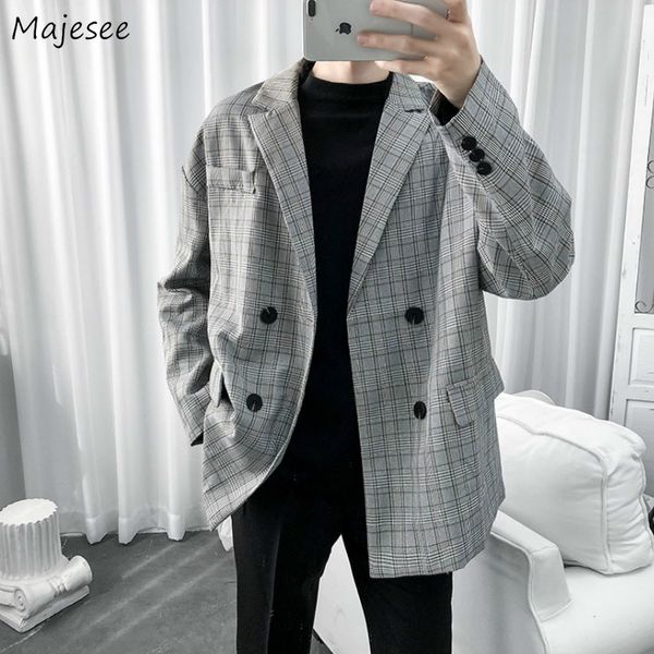 

blazers men plaid retro double breasted fashion chic loose student outwear all-match pockets oversize korean style new bf casual, White;black