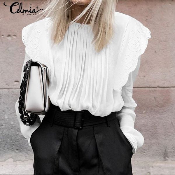 

women ruffles and blouses celmia 2020 autumn long sleeve white lace shirts elegant office pleated blusas feminina plus size
