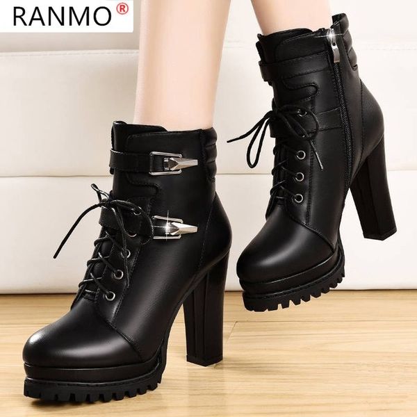 

2020 winter fashion women's boots lace-up side pull thick heel boots round head super high heel pu ankle zapatos de mujer, Black
