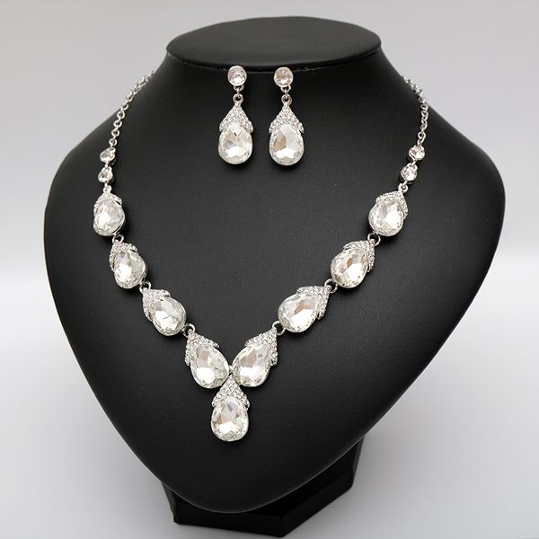 

elegant austrian crystal necklaces earrings set silver plated women's wedding party bridal costume jewelry for bride accessories