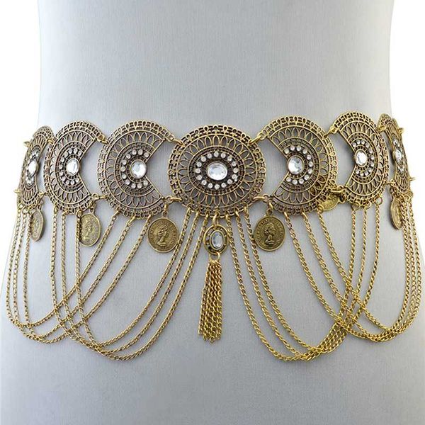 

hollow out waist chains crystal yoga belly belt chains gypsy women retro tassel coins pendant waist belt, Black;brown