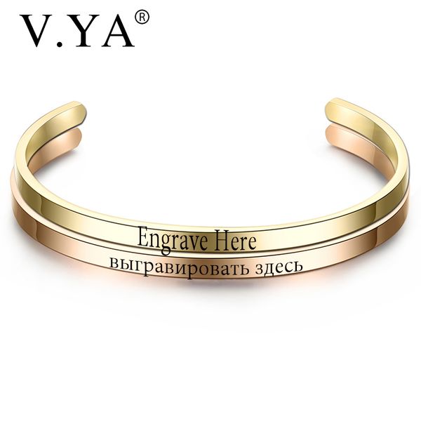 

v.ya fashion simple engraved bracelet for men & women customized bangle rose gold/gold/ silver stainless steel for friends gift, Golden;silver