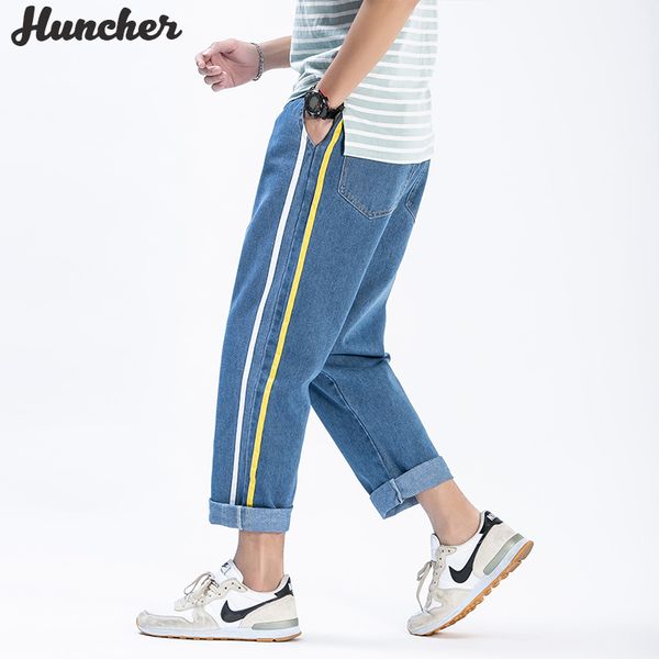 

huncher mens jeans men 2020 hip hop fashion korean classic streetwear denim side striped wide leg pants blue baggy jeans for men