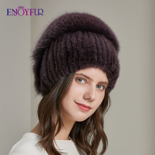 

enjoyfur fashion women winter hats natural fur warm female knit bonnets solid color casual rhinestone beanies new, Blue;gray