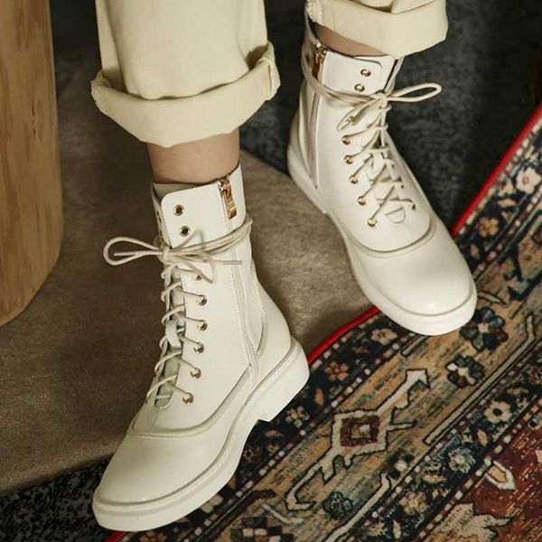 

autumn women biker boots white platform chunky heel round toe zip lace strap ins cool designer shoes ladies female british 2020, Black