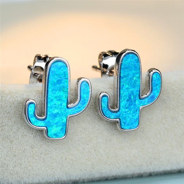 

stud simple female blue opal stone earrings charm silver color trendy bridal cactus wedding for women, Golden;silver