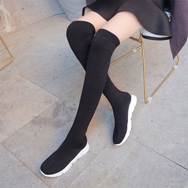 

woman over the knee sock boots women's long boots women shoes ladies fashion sneakers autumn winter vulcanized female footwear, Black
