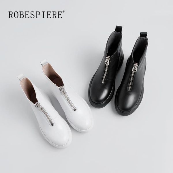 

robespiere new quality cow leather ankle boots classic metal zipper waterproof platform shoes winter warm plush boots women b42, Black