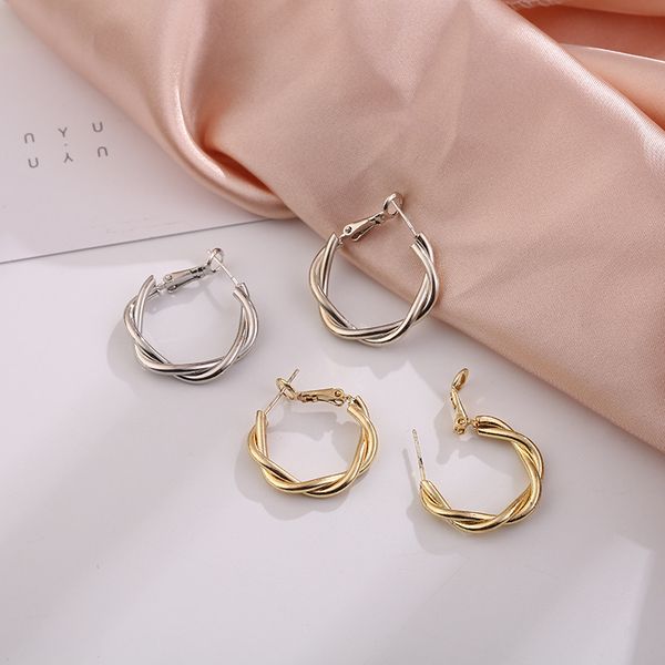 

hoop & huggie korean vintage fashion metal gold silver color interweave twist earrings for women girl smple geometric round jewelry, Golden;silver