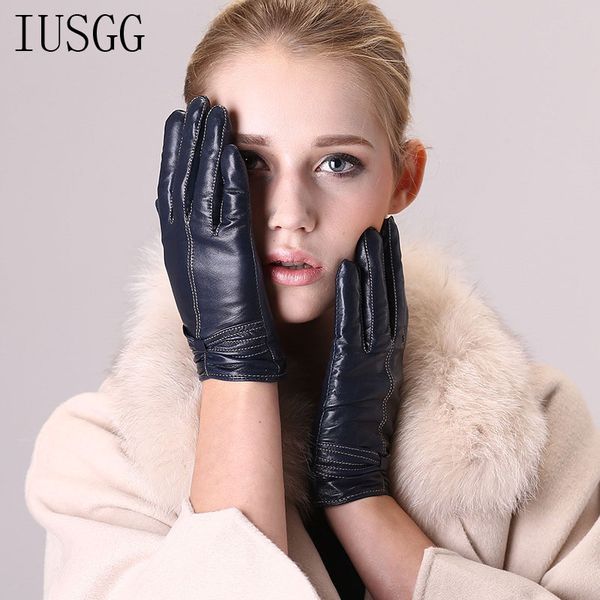 

genuine lambskin leather gloves women' full-finger mittens fashion female windproof gloves plus velvet thicken keep warm, Blue;gray