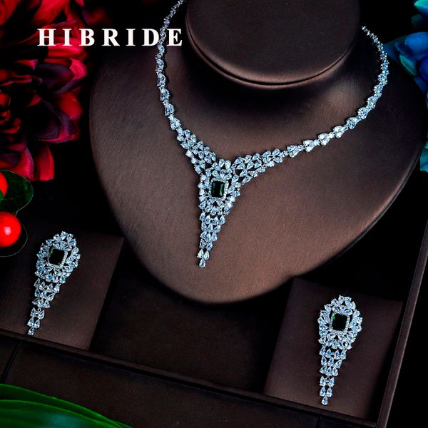 

hibride unique design full cubic zircon women bridal jewelry sets green pendant necklace female jewelry set accessories n-616, Silver
