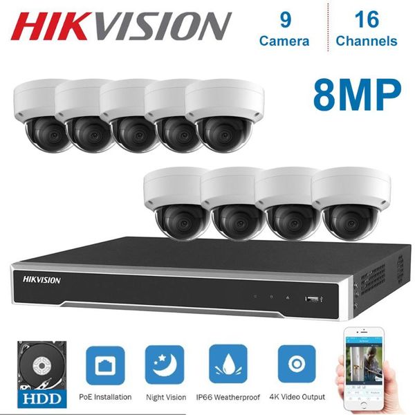 

systems hikvision 16 channels poe nvr video surveillance kits with 9 piece 8mp dome night vision camera kit