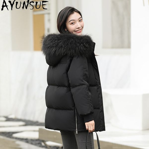 

women's down & parkas ayunsue jacket real raccoon fur collar hooded woman white duck jackets female coats abrigo mujer 2021, Black