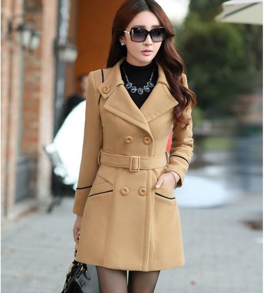 

women's wool & blends m-3xl autumn winter jacket women double breasted coats elegant overcoat basic coat pockets woolen long 200, Black